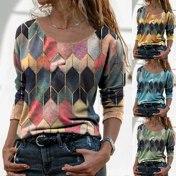 Women Long Sleeve Round Neck Retro Printed Casual Top Loose T