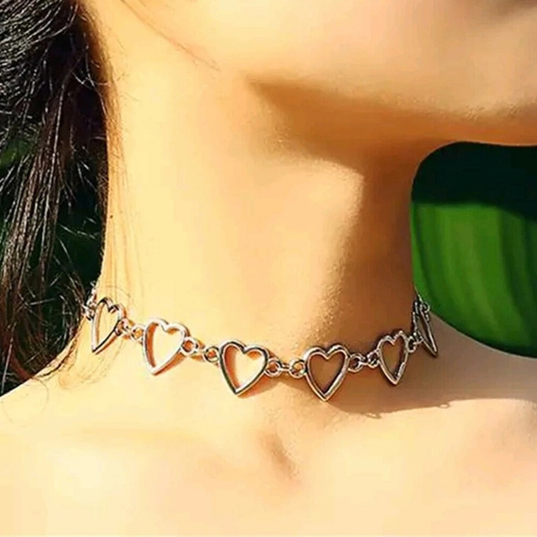 Love Heart Link Chain Choker Necklaces 