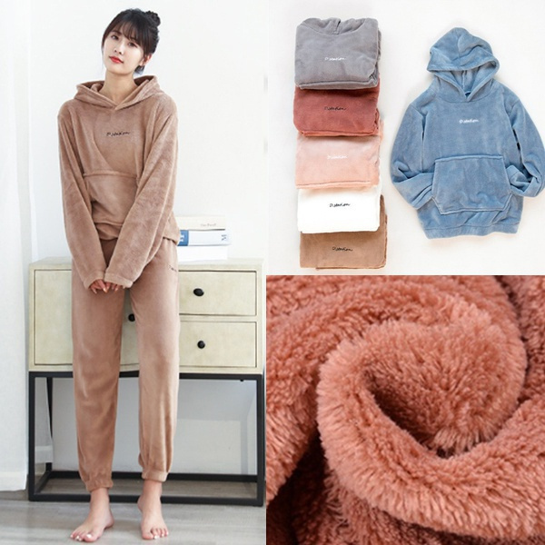 7 Color Women Sleepwear Flannel Pajama Set Long Sleeve Loose Top Elastic Waist Thick Warm Winter 2385