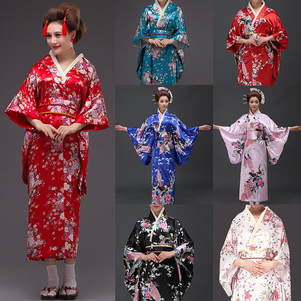 Women Floral Japanese Kimono Satin Robe Yukata Geisha Costume Show ...