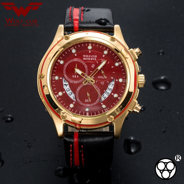 WOLF CUB Sport Chronograph Large Dial Mens Watches Golden Casual Leather 3Bar Date Quartz Watch Man ChinaRed Clock Relogio Masculin