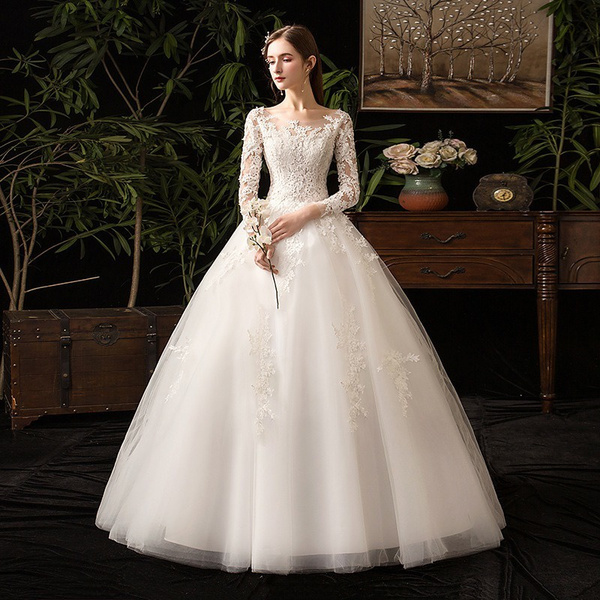 2021 New Neck Long Sleeve Wedding Dress Beautiful Lace Applique Lace Up ...