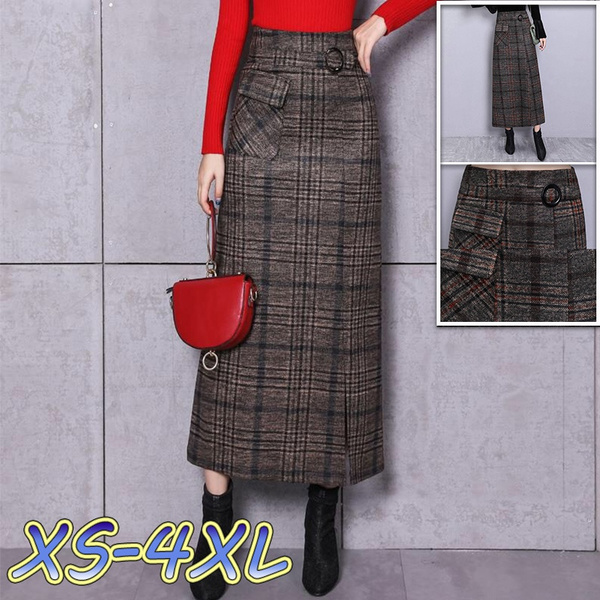 Elegant Retro Female Hight Waist Woolen Long Plaid Skirt Women