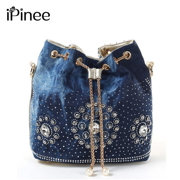 Chain Denim Handbags For Women Casual Bling Rhinestone Jeans Women Shoulder  Bags