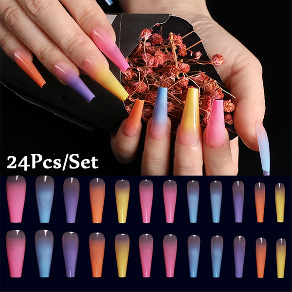 24pcs Long Coffin Rainbow Plaid Color Block Fake Nail Press On