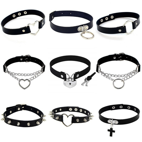 Womens Ladies Punk Goth Leather Rivet Heart Chain Collar Choker Funky Necklace 
