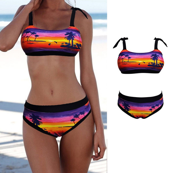 2021 New Women's Swimwear Beach Sunset Coconut Tree Printed Tankinis  Swimsuit Plus Size Maillot de bain femme