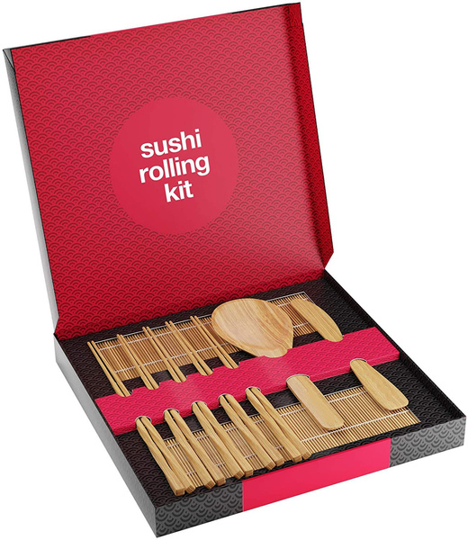 Bamboo Sushi Making Kit with 2 Rolling Mats - 5 Pairs Chopsticks - Rice Paddle