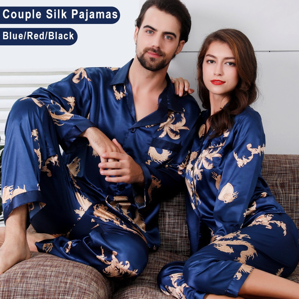 2 Pieces Dragon Pattern Lover Couple Silk Satin Pajamas Set Long