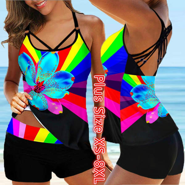 Womens Print Swimwear Top Swimdress Tankini Swimsuits Swimwear Bathing Suit  Plus Size XS-8XL