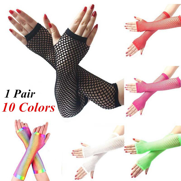 1 Pair Lace Mesh Fishnet Gloves Ladies Sexy Dance Costume Party Fingerless  Long Mittens 10Colors