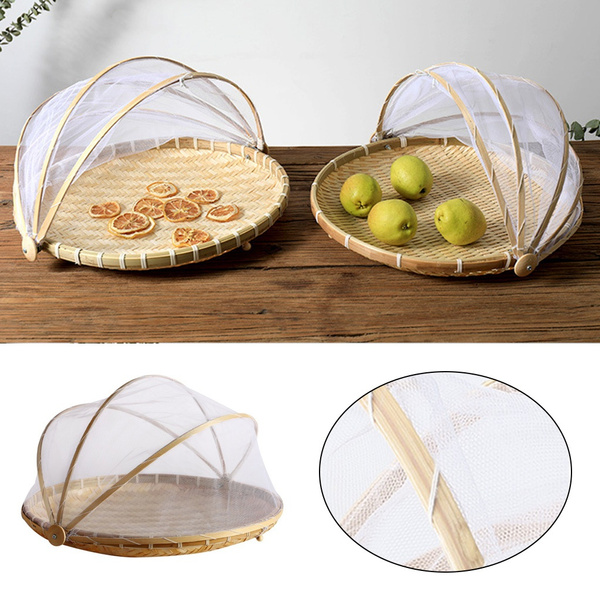 Handmade Bamboo Basket With Net Mesh Cover Kithen Bread Fruit Vegetable Food Container Outdoor Travel Picnic Dust Proof Basket - 15 - View #4