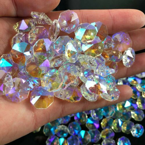 100Pcs 14mm Crystal Octagonal Loose Beads Chandelier Prisms SunCatcher Lamp Part 