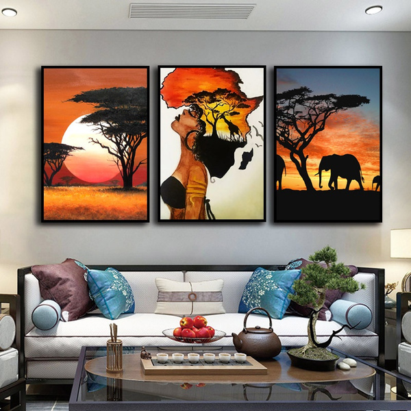 African Sunset Animal Woman Abstract Wall Painting Canva Home Office Art Decor 