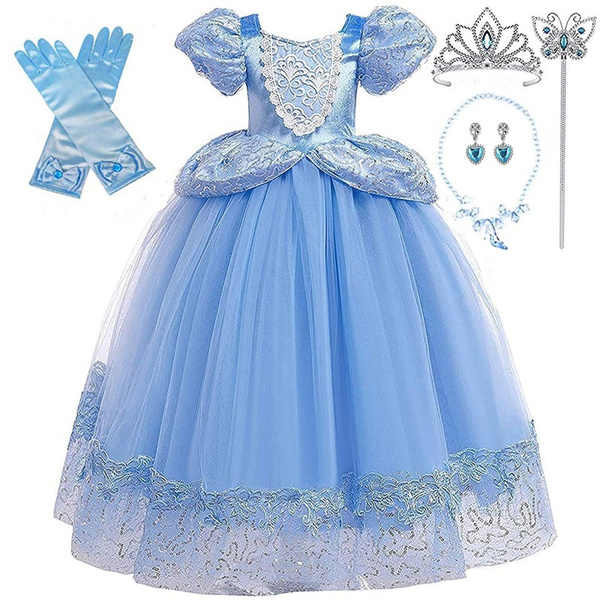 Girls Princess Blue Party Costume Dress Up with Tiara Wand Necklace ...