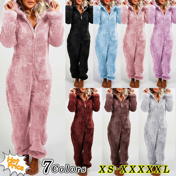 Winter Fashion Hooded Plush Faux Fur Adult Onesies Ladies Zipper