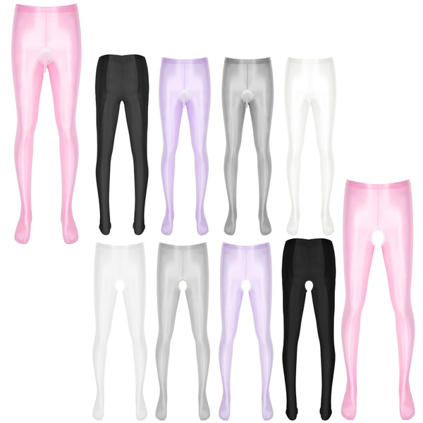 Mens Sissy Glossy Stretchy Footed Crotchless/Bulge Pouch Tights Stockings  Leggings Pants