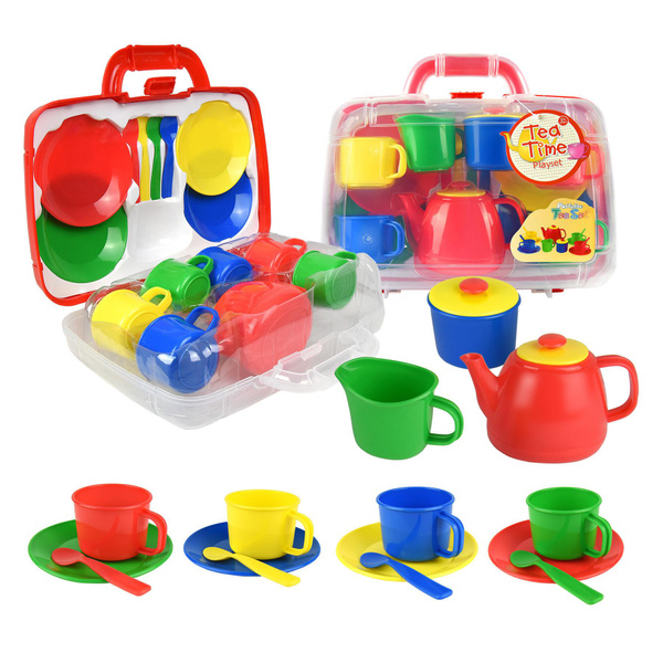 Vinsani Childrens Kids 15 Piece Red Portable Plastic Tea Set Includes