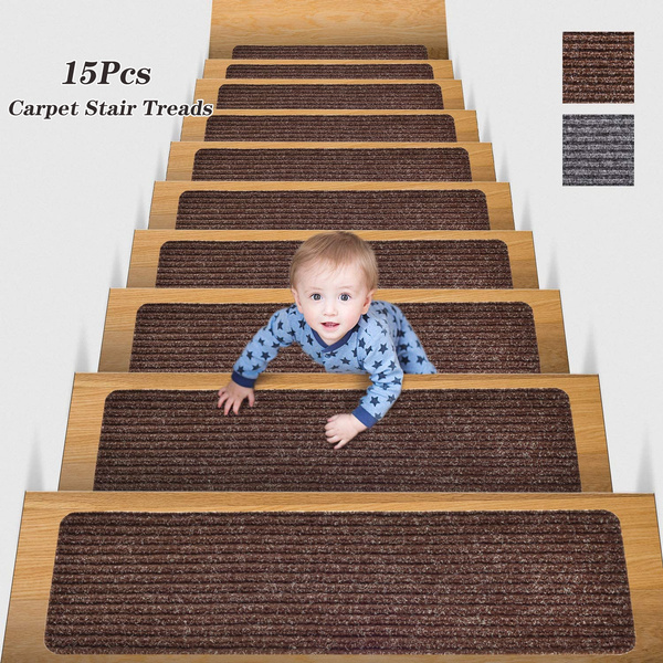 15pcs Indoor Non-Slip Stair Carpet Mats for Wooden Steps-Brown - Color: Brown