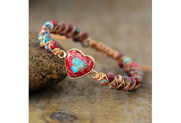 Natural Stone Heart Charm Bracelets String Braided Macrame