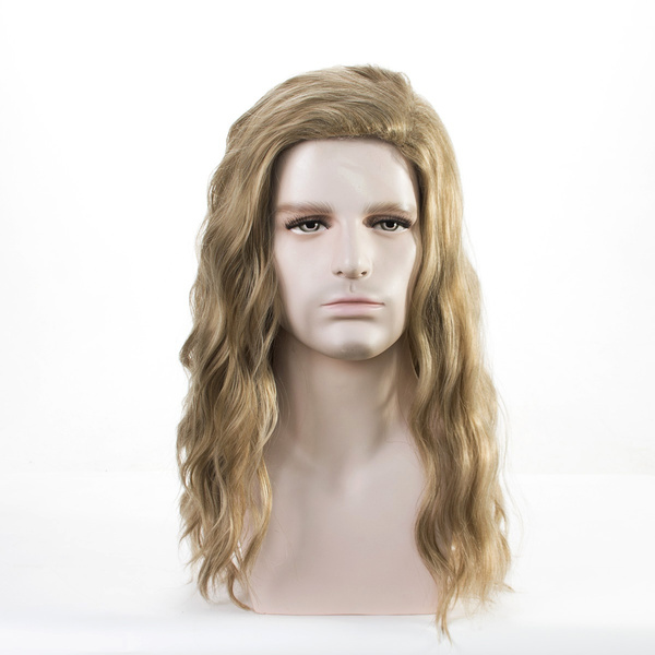 Mens Long Wave Blond Halloween Costume Wig Side Part Replacement Synthetic Wig Fancy Party Accessory Cosplay Wigs for Men Blond Curly Male Wig