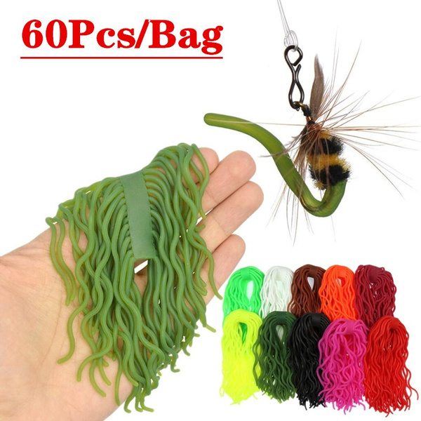 60Pcs Fishing Lure Soft Squirmy Wormy Fly Tying Material Wiggly Trout Flies  Artificial Maggot Grub Baits