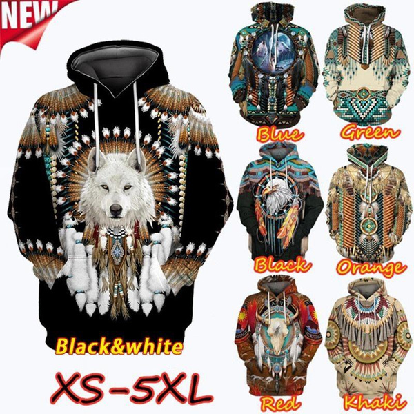9Yourtime Mens Hoodie Native Indian Wolf Hoodies Casual Men Harajuku Sweatshirt
