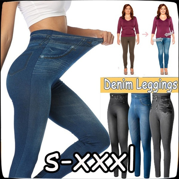 New Style Women Fashion Denim Leggings Tights Thick Stretchy Resistant  Pantyhose Jean Look Pants Elastic