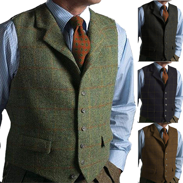 Mens Tweed Waistcoats Retro Lapel Vintage Vest Herringbone Wool Notch Lapel 3XL+ 