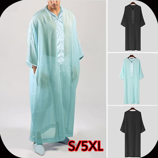 Fashion V-neck Muslim Fashion Men Loose Jubba Kaftan See Through Thobe ...