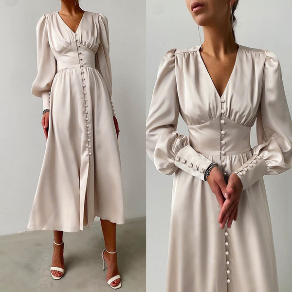 3 Color Womens Stain Silk V Neck Puff Long Sleeve Maxi Dress Elegant Ladies  Loose Party Holiday Long Dress Plus Size | Wish
