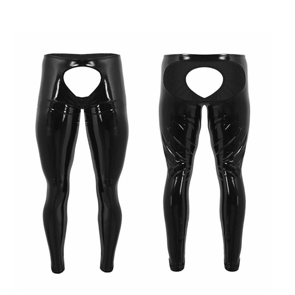 Mens Wet Look PVC Leather Open Pouch Tights Pants Leggings Trousers