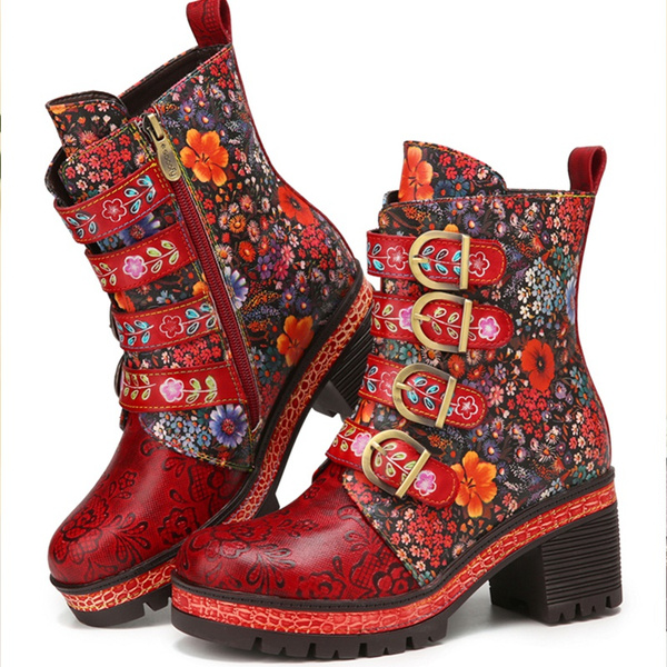 AU Women Soft Warm Real Leather Flowers Zipper Fur Lined Ankle Boots Bohemian 