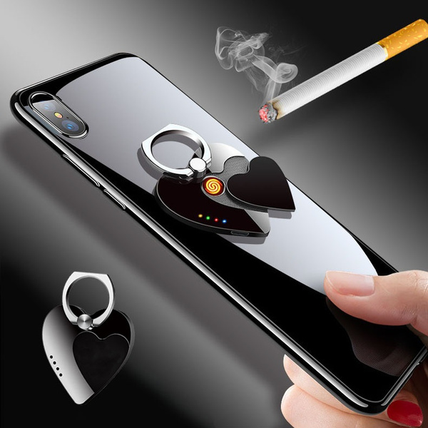 Metal Mobile Phone Holder Ring Rechargeable Electronic Heart Lighter