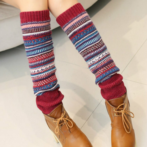 Women Winter Warm Long Leg Knit Crochet Socks Stocking Boho Fair Isle Knee  High Boot Cuffs