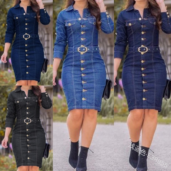 2021 New Hot Vestido vaquero de manga larga para mujer, vestido elegante  informal con cuello de solapa, Color sólido de cintura alta hasta la  rodilla con una botonadura | Wish