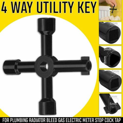 4-Way Utility Key Plumbing Radiator Bleed Gas Electric Meter Stop Cock Tap Metal 