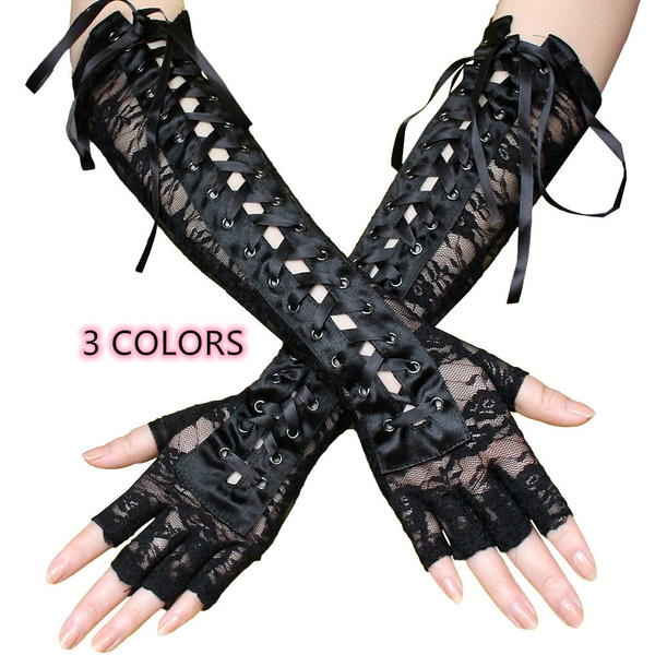 Adult Ladies Gothic Vampiress Lace Up Glovelettes Fingerless Gloves Halloween 