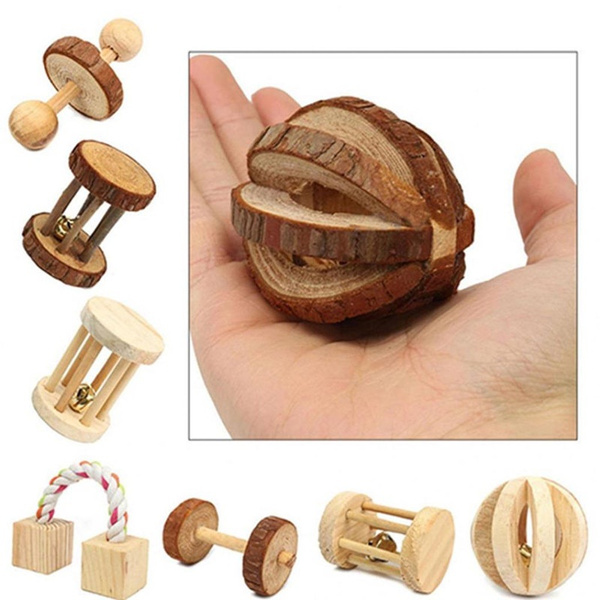 Natural Pine Dumbells Unicycle Bell Roller Chew Toy For Guinea Pig Rat Rabbit FD 