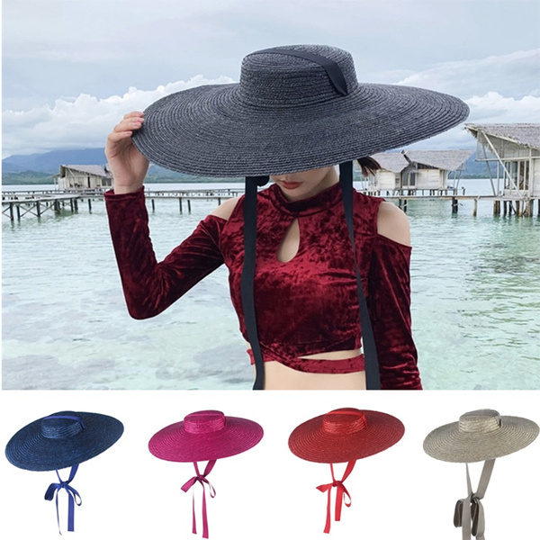 Fashion 15cm Wide Brim Straw Hat Flat Top Summer Beach Hats for