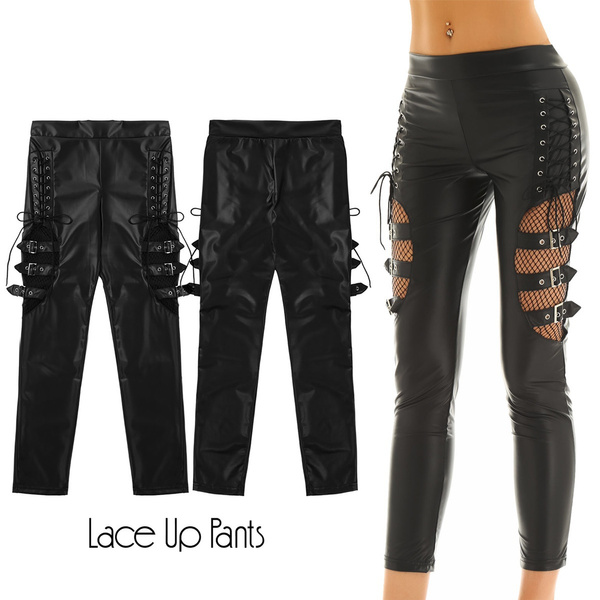 Women Gothic Punk Pants Ladies Lace Up Leggings Wet Look Skinny Stretch Trousers