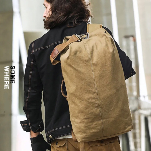 Tactical Canvas Backpack Men Bucket Bag Outdoor Sports Duffle Bag Travel  Rucksack Travel Backpack Fishing Hiking Bag