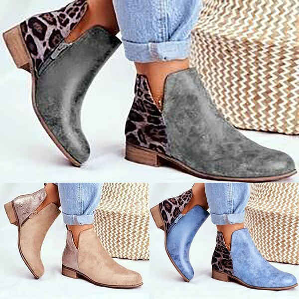 Damen Stiefeletten Chelsea Stiefel Blockabsatz Flache Schuhe Leopard Ankle Boots 