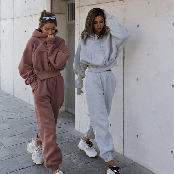 Solid Tracksuit Women Two Piece Set Autumn Winter Clothes Hooded Oversized  Sweatshirt +Sweatpants Sets Sports Jogging Suit Outfits