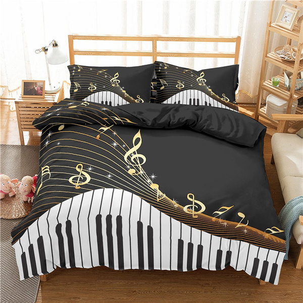 Instrument And Notes 3d Bedding Sets Gold Duvet Cover Set Black White Piano Keyboard Comforter 2 3pcs Bed Single Double Twin Full Queen King Size Piano Keyboard Comforter Cover, White And Gold Bedding Double