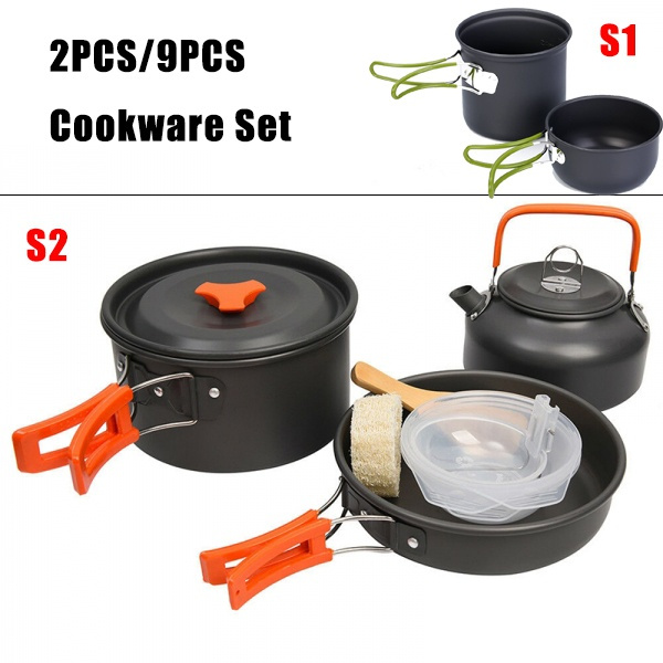 2PCS/Set or 9PCS/Set Portable Cookware Set Outdoor Camping BBQ Cooking