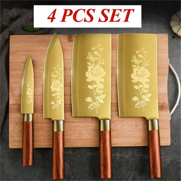 4PCS Set Golden Flower Stainless Steel Kitchen Knife Household Knives Set  Cleaver Chopping Knife Fruit Knife Full Kitchen Knives
