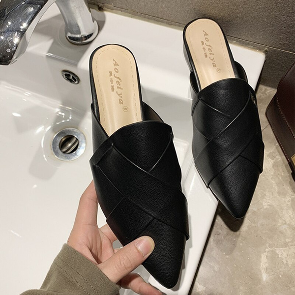 Leather High Heels Slippers, Leather Mules Slides Outfit