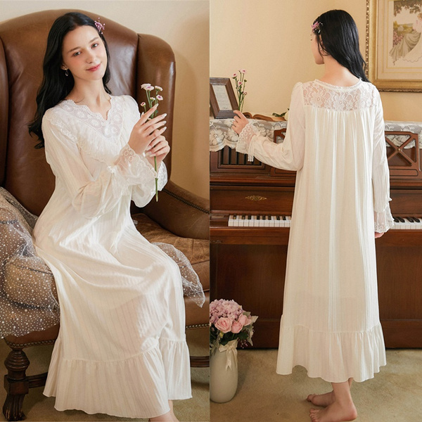 Women Lace Nightdress Floral Nightgown Long Sleeve Sleepwear