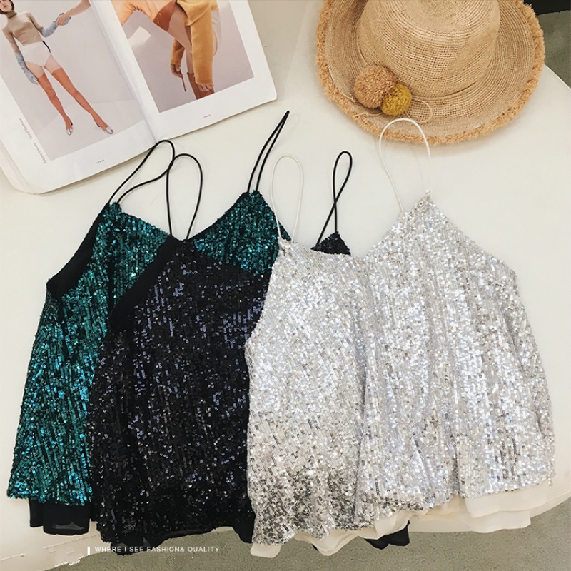 Women Sequin Camisole Vest Crop Tank Sparkle Shining Shirt Glitter